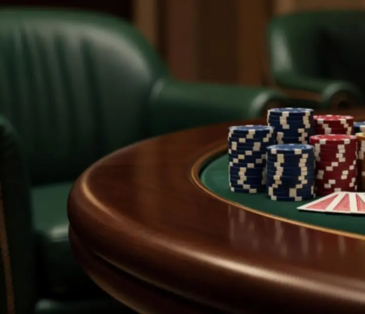 Detail pokerového stolu v salonu Bravexuno se zeleným plátnem a žetony